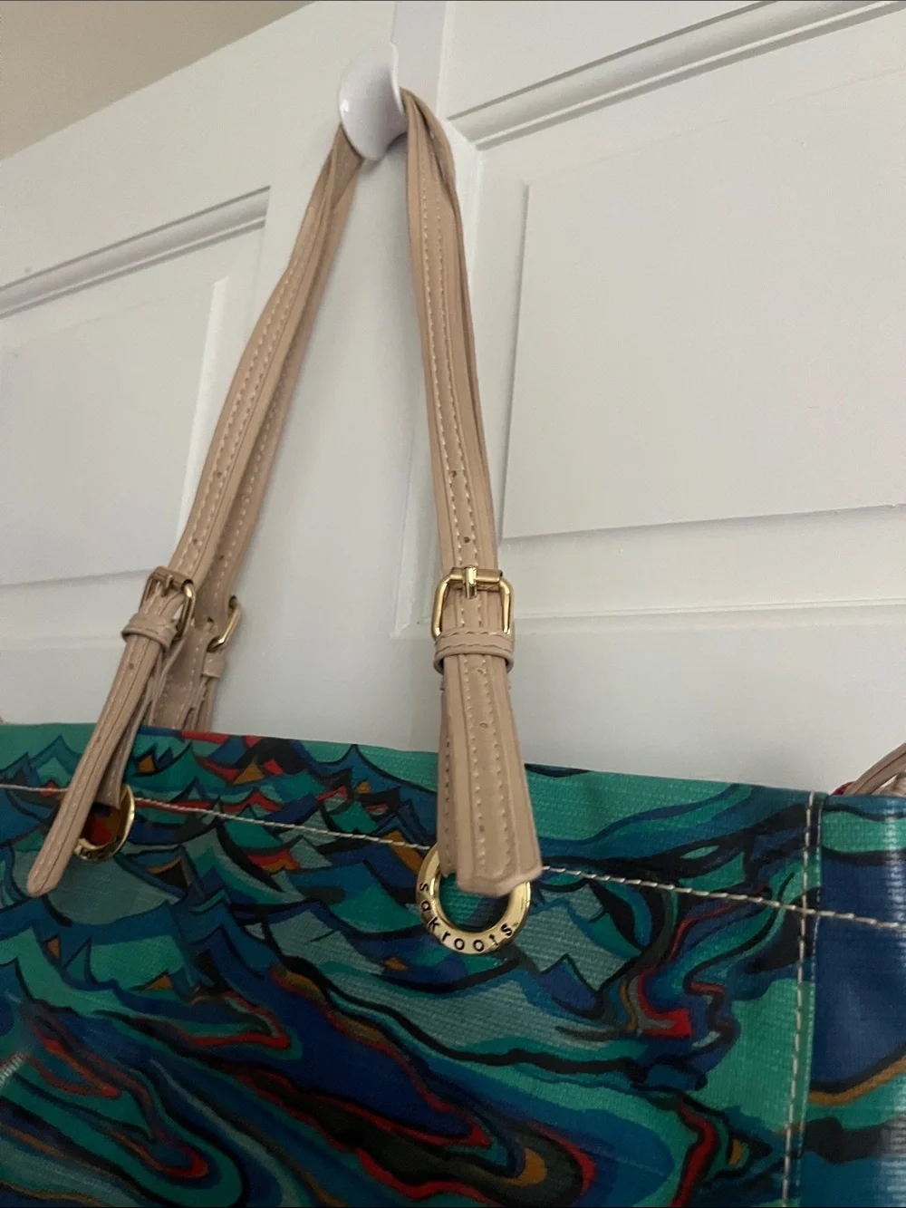 Sakroots Multicolor Swirl Pattern Tote Bag with Beige Handles